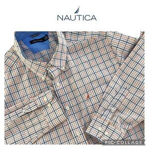 Nautica men long sleeve orange blue plaid shirt